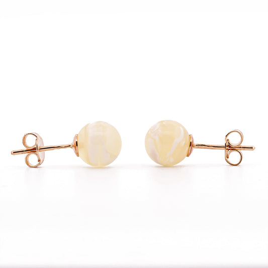 AU585 Gold Cloudy White Amber STUDS Earrings