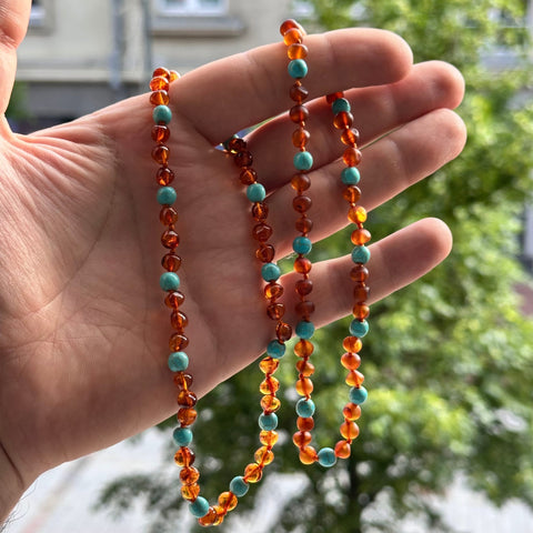 Amber Bracelet for Children - Cognac Color and Blue Turquoise